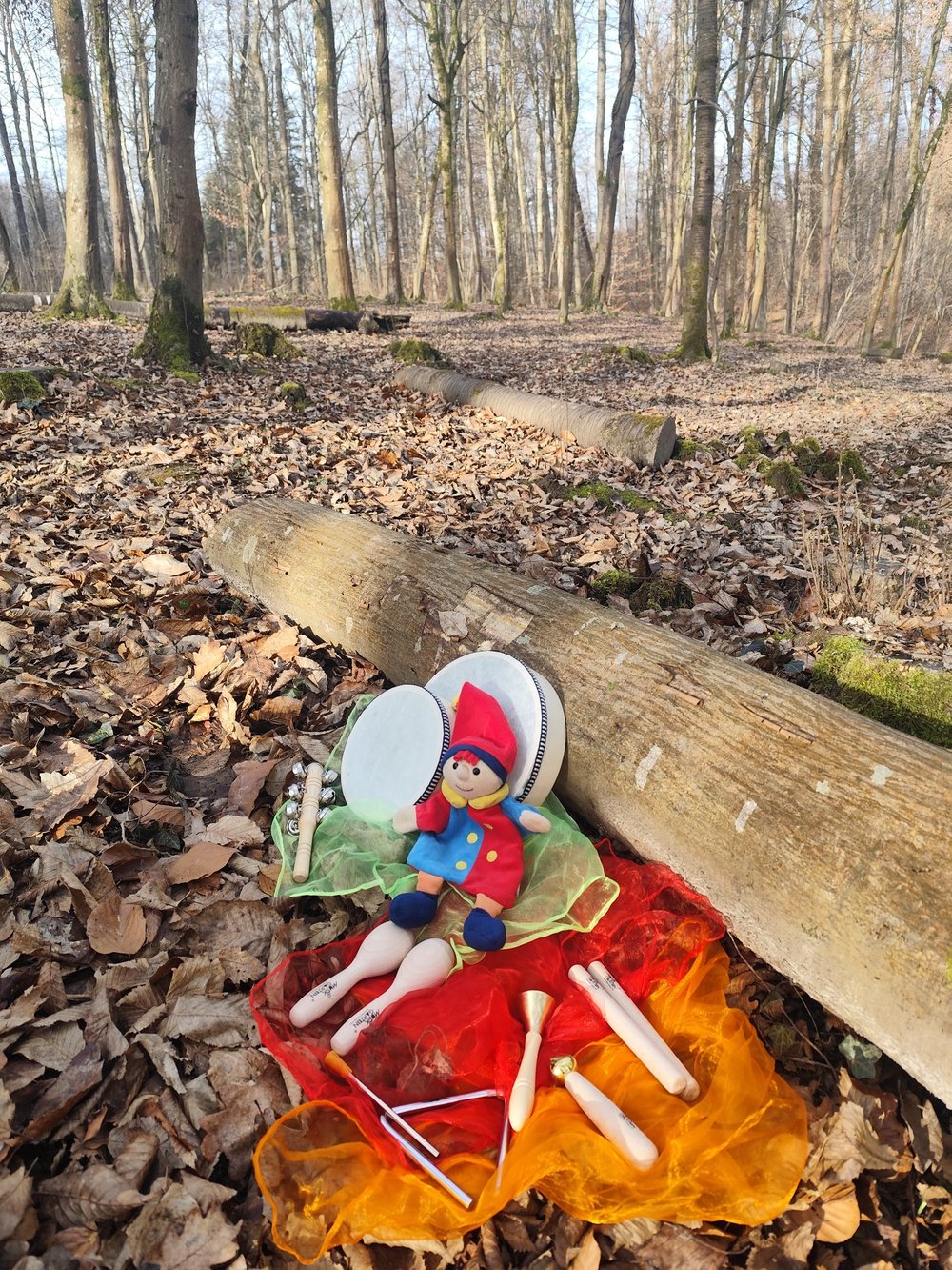 Instrumente und Tücher im Wald – Musikgarten im Wald